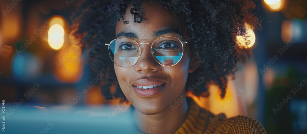 Young Woman with Glasses Working on Computer in Cozy Home Office with Warm Lighting Young Woman with Glasses Working on Computer in Cozy Home Office with Warm Lighting
