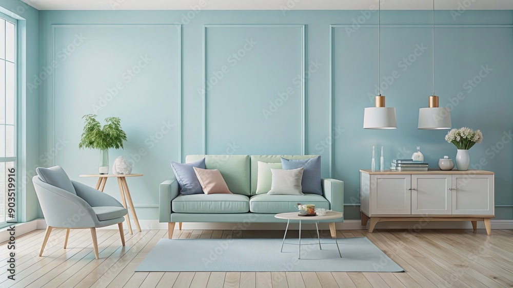 Light blue coastal room mockup with minimalistic furniture, perfect for a contemporary interior design project Light blue coastal room mockup with minimalistic furniture, perfect for a contemporary interior design project