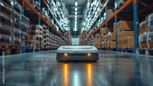Autonomous Robot Navigating a Modern Warehouse with Shelves and Boxes in the Background © Sunshine