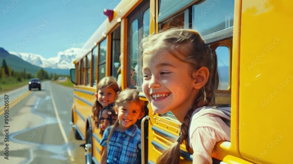 Youtube Bus Ride First Day Happy children boarding a classic yellow school bus with big smiles on ...