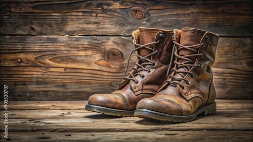 Old worn brown military boots on a rustic wooden table , vintage, army, footwear, military, rugged, aged, leather, combat, weathered photo