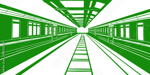 Vintage Train on Subway Platform – Detailed Black and White Illustration