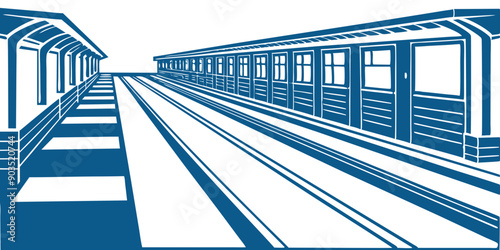 Vintage Train on Subway Platform – Detailed Black and White Illustration