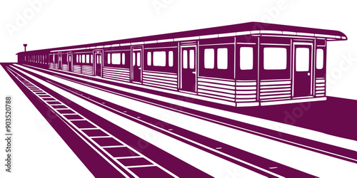 Vintage Train on Subway Platform – Detailed Black and White Illustration