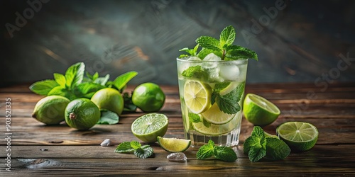 Refreshing mojito cocktail with lime and mint leaves on a wooden table , summer, drink, beverage, glass, cocktail, alcohol