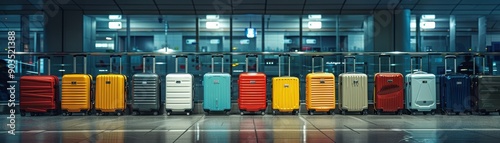 Colorful Row of Suitcases at Modern Airport Terminal with Glass Railings and Bright Lighting photo