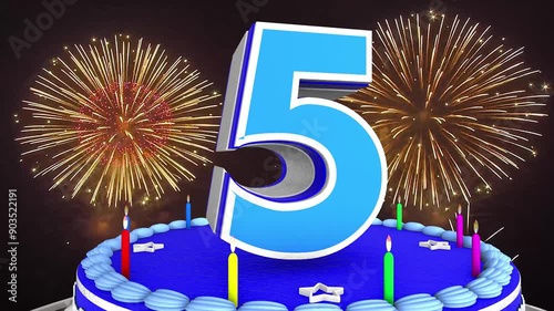 5 years, 5th birthday kids, children cake animation 3d render with confetti and balloon background. 4k photo