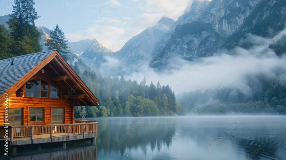 Calm and natural beauty emanate from an idyllic lakeside cabin tucked away among misty, forested mountains under a clear sky