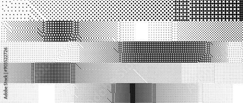Glitchy pixelated striped background. Bitmap noise stripe texture. Halftone glitch grunge overlay. Dotted distorted gradient wallpaper for banner, poster, flyer, print, brochure. Vector dither pattern