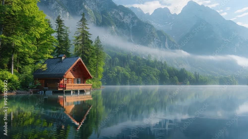 Calm and natural beauty emanate from an idyllic lakeside cabin tucked away among misty, forested mountains under a clear sky Calm and natural beauty emanate from an idyllic lakeside cabin tucked away among misty, forested mountains under a clear sky