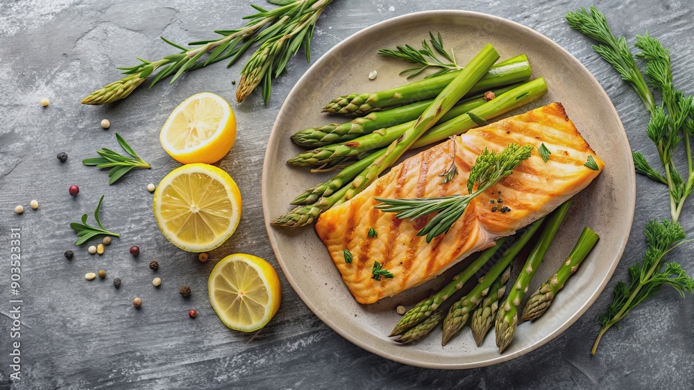 Grilled salmon and asparagus with lemon slices and herbs, top view, salmon, grilled, asparagus, lemon, herbs, green, citrus Grilled salmon and asparagus with lemon slices and herbs, top view, salmon, grilled, asparagus, lemon, herbs, green, citrus