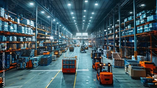 An industrial inventory management system At night, forklifts and cargo trailers work in a busy warehouse full of goods and shelves.

