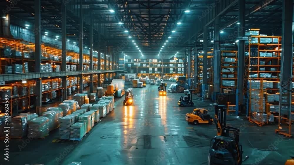 An industrial system for managing inventories Forklifts and cargo trailers operate in a busy warehouse filled with merchandise and shelves at night