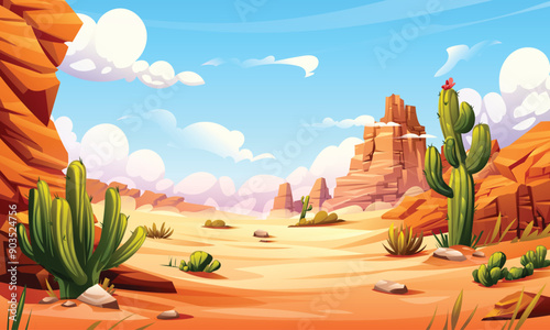 Desert landscape with cactus, rocky cliffs, and blue sky. Vector cartoon background illustration