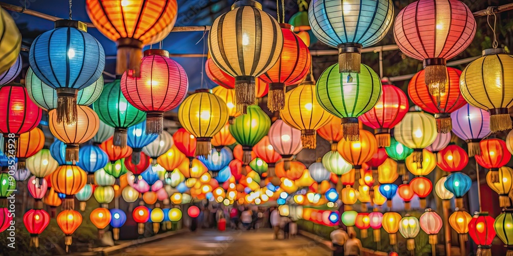 Colorful paper lanterns glowing at night during festival celebration, festive, paper lanterns, lights, decorations Colorful paper lanterns glowing at night during festival celebration, festive, paper lanterns, lights, decorations