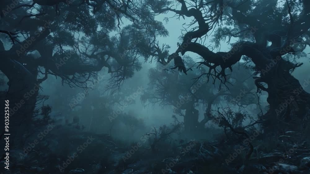 An eerie mist settles over gnarled trees in an ominous forest setting ...