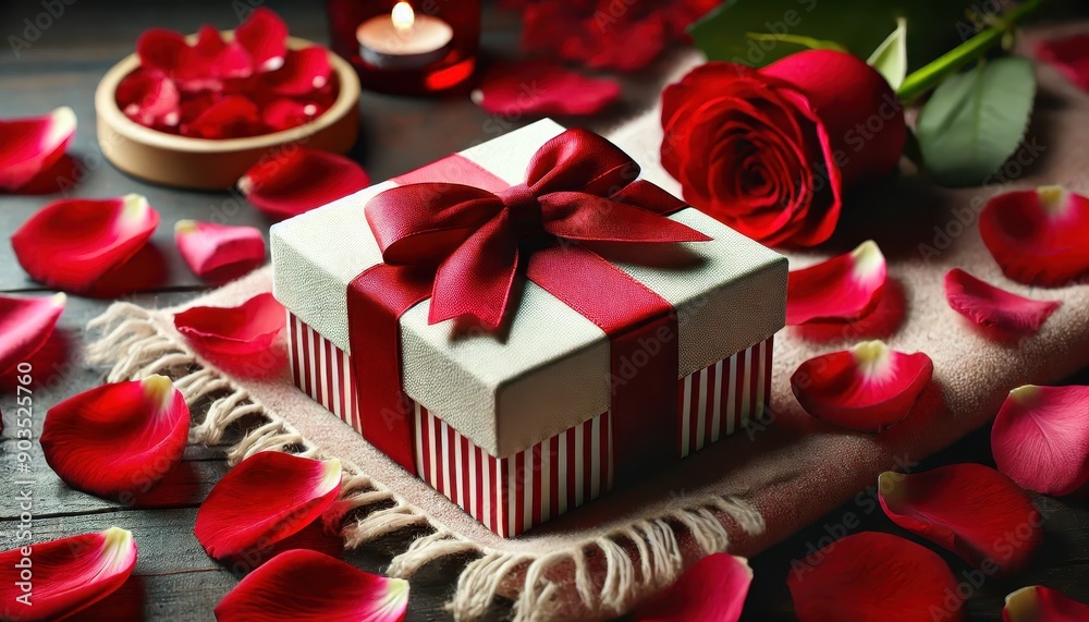Romantic Gift Box with Red Rose Petals and Candlelight. Romantic Gift Box with Red Rose Petals and Candlelight.