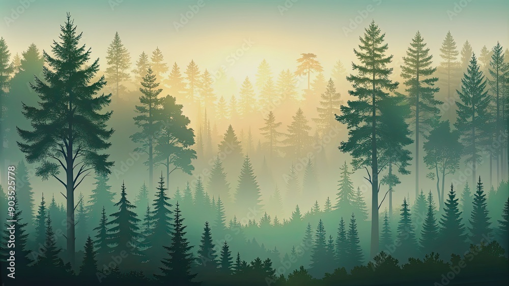 Obraz premium of a serene forest background with tree silhouettes, forest, trees, nature, tranquil, peaceful, foliage, greenery