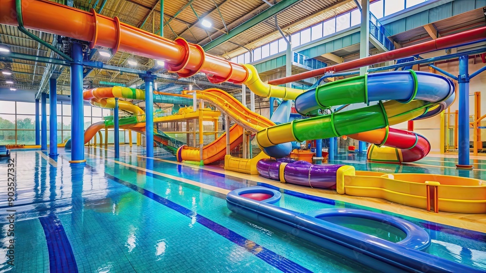 Naklejka premium Indoor water park with colorful slides and floating toys, water park, indoor, slides, colorful, fun, entertainment, family