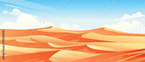 Expansive desert landscape with sand dunes and blue sky. Nature background vector cartoon illustration
