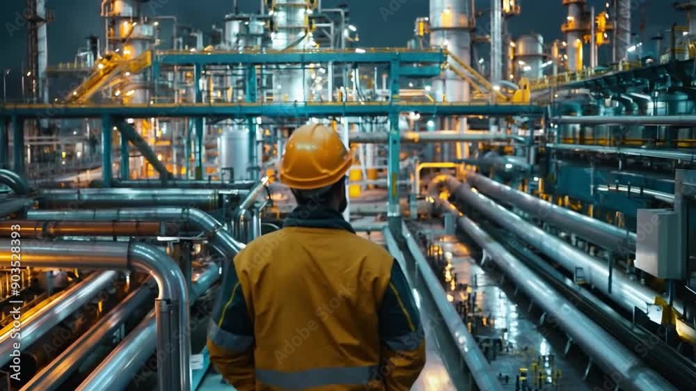 A worker examines an industrial pipeline with a petroleum engineer from an upstream oil and gas production facility. Engineers oversee production in engineering plants. A worker examines an industrial pipeline with a petroleum engineer from an upstream oil and gas production facility. Engineers oversee production in engineering plants.