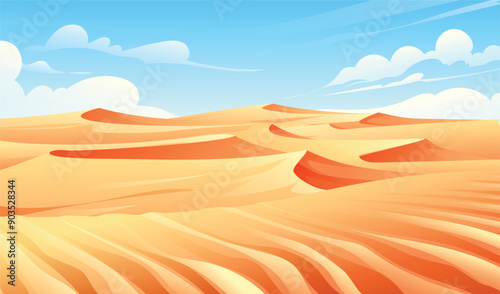 Desert landscape with sand dunes and blue sky. Nature background cartoon vector illustration