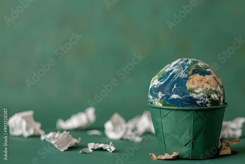 Earth globe on a recycle bin with paper trash on a green background photo