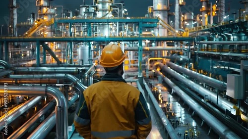A worker examines an industrial pipeline with a petroleum engineer from an upstream oil and gas production facility. Engineers oversee production in engineering plants.
