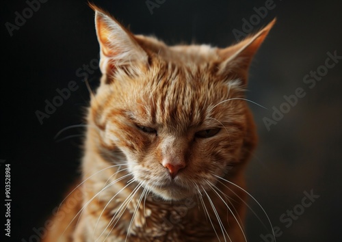 Sleepy Orange Tabby Cat Portrait with Dark Background - Captivating Feline Photography