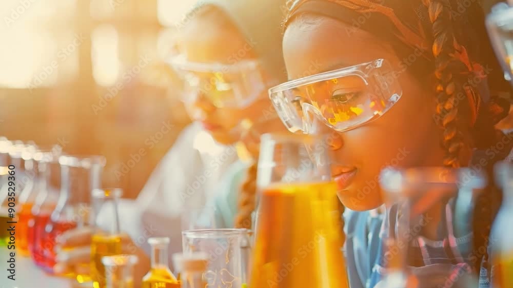 A group of diverse students engaged in a science experiment, capturing ...