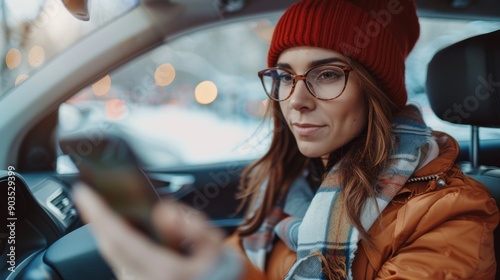 A young woman using smartphone while driving to navigate or request stops during modern ride-sharing services. photo