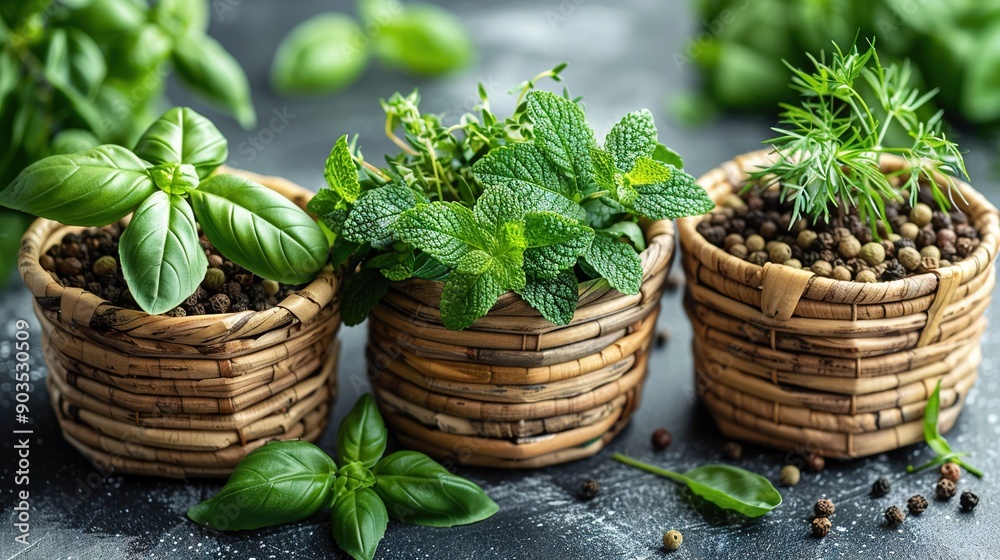 A trio of baskets brimming with diverse herbs sit atop a table, garnished with pepper and basil A trio of baskets brimming with diverse herbs sit atop a table, garnished with pepper and basil