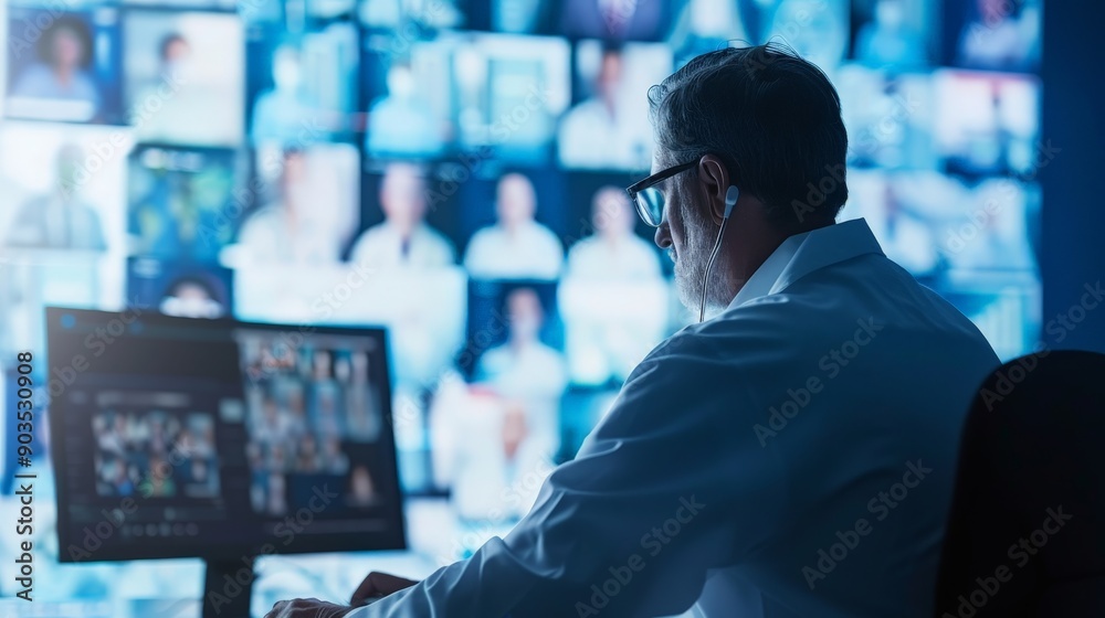 Φωτογραφία An isolated photo of a doctor in a virtual meeting with healthcare providers from around the world, using a computer to discuss global health issues