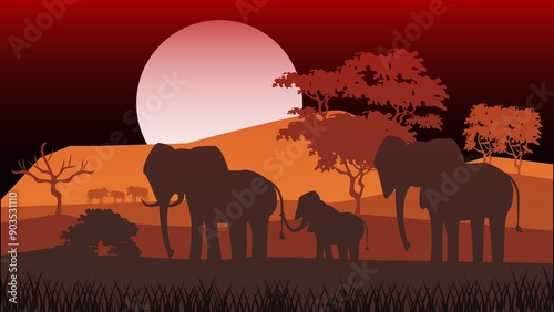 Canvas Print elephants at sunset in group illustrations