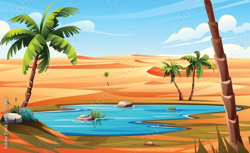 Desert oasis with palm trees and serene water body surrounded by sand dunes background. Nature landscape vector cartoon illustration