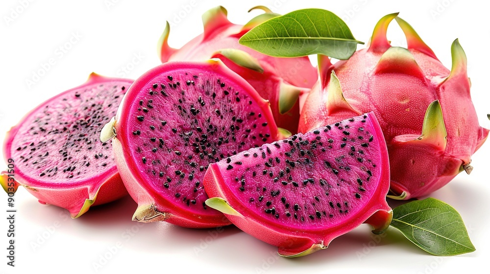 A halved dragon fruit on a white surface with a green leaf above it A halved dragon fruit on a white surface with a green leaf above it