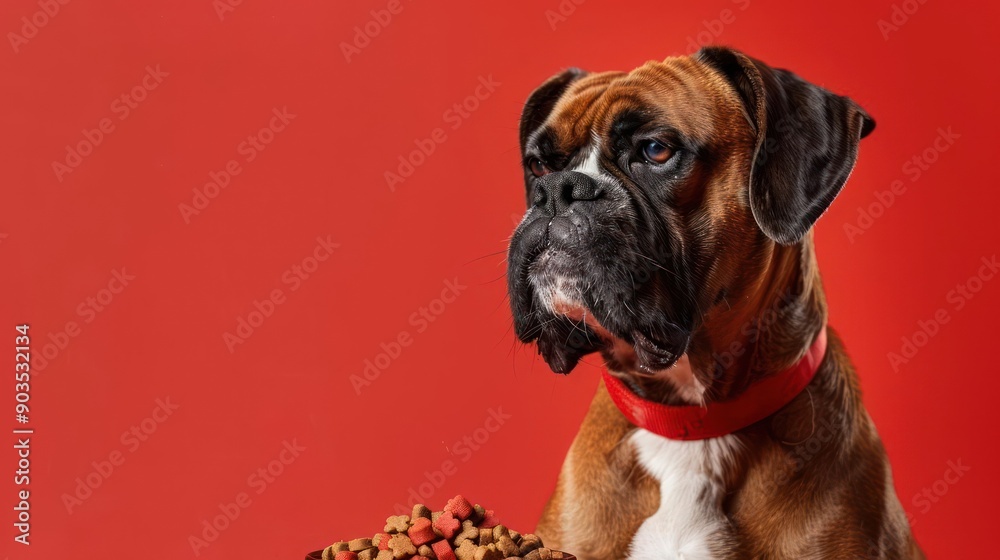 Fototapeta premium Boxer dog eating dog food , studio shot isolated on single color background ,editorial style, shoot by DSLR.