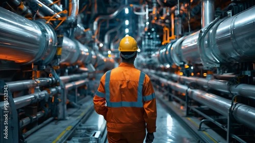 Back view of a male engineer inspecting an industrial pipeline and crude oil drilling platform in a large factory located behind an upstream underwater crude oil and gas processing plant.