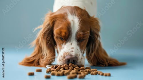 Brittany dog eating dog food , studio shot isolated on single color background ,editorial style, shoot by DSLR.
