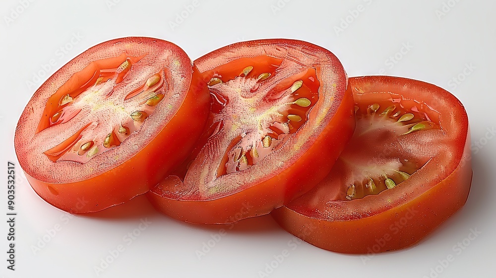 A close-up photo of a sliced tomato on a white background with additional whole tomatoes visible A close-up photo of a sliced tomato on a white background with additional whole tomatoes visible