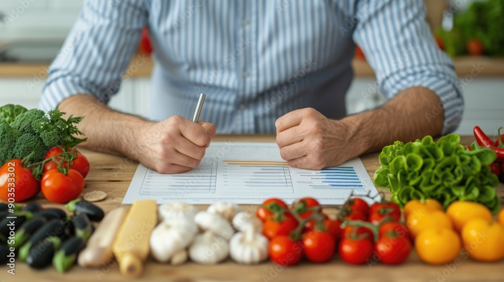 Senior Diet Planning with Charts and Fresh Ingredients on Workspace Deep Depth of Field Healthy Lifestyle Concept with Nutrition Data Analytics Meal and Food Selection on Desk Senior Diet Planning with Charts and Fresh Ingredients on Workspace Deep Depth of Field Healthy Lifestyle Concept with Nutrition Data Analytics Meal and Food Selection on Desk