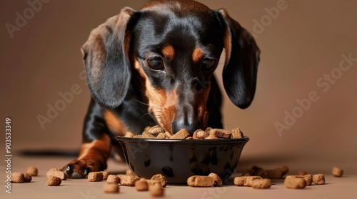 Dachshund dog eating dog food , studio shot isolated on single color background ,editorial style, shoot by DSLR.