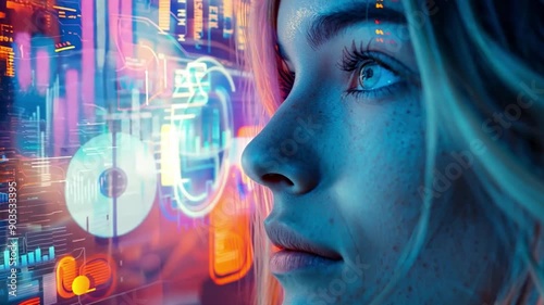 A close-up of the face of a woman who works for a cloud computing company that incorporates technology and keeps up with cloud computing trends. Graphics for digital backgrounds are helpful.