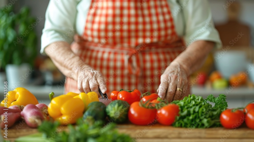 Close up shot of hands of an elderly person chopping slicing and mixing a variety of fresh vegetables and fruits to make a nutritious and refreshing smoothie in a domestic kitchen setting Close up shot of hands of an elderly person chopping slicing and mixing a variety of fresh vegetables and fruits to make a nutritious and refreshing smoothie in a domestic kitchen setting