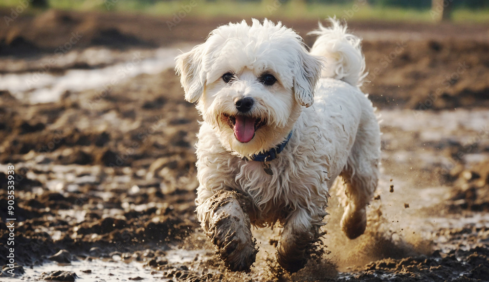 Bichon Frise running on muddy path outdoors