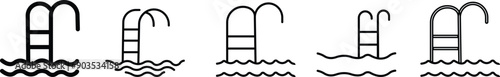Summer vacation and leisure pool thin line Icon set- editable stroke, Swimming pool ladder and water icons, isolated on transparent background, For website design, logo, mobile app, template, ui, etc.