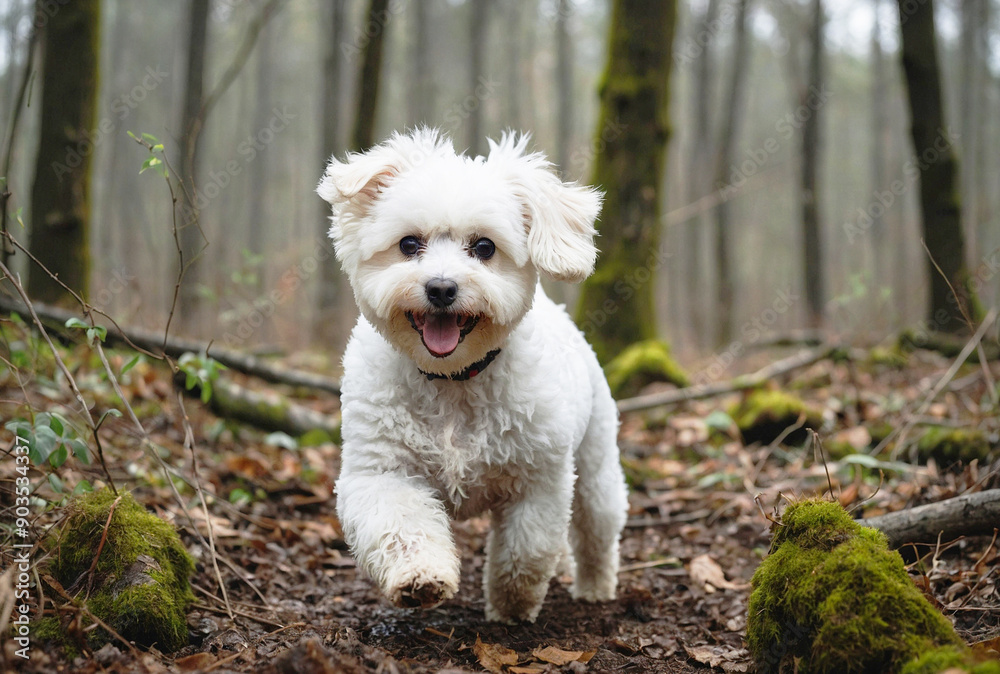 Bichon Frise running joyfully in a forest Bichon Frise running joyfully in a forest