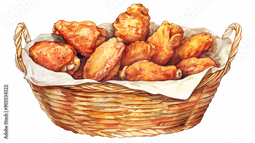 Watercolor Basket of Crispy Fried Chicken Drumsticks