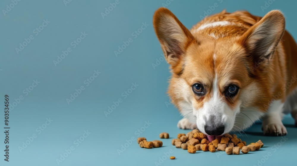 Pembroke Welsh Corgi dog eating dog food , studio shot isolated on single color background ,editorial style, shoot by DSLR. Pembroke Welsh Corgi dog eating dog food , studio shot isolated on single color background ,editorial style, shoot by DSLR.