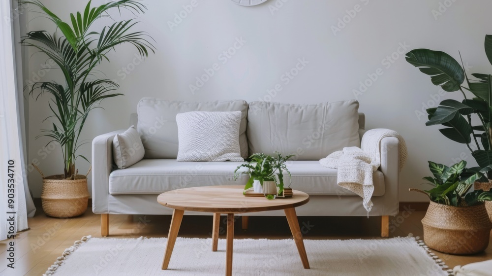 Fototapeta premium Home Decor Idea. Light Color Sofa with White Wall